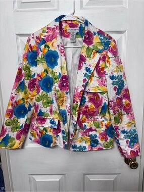 Sag Harbor White Floral Blazer with Blue, Pink & Green Blooms